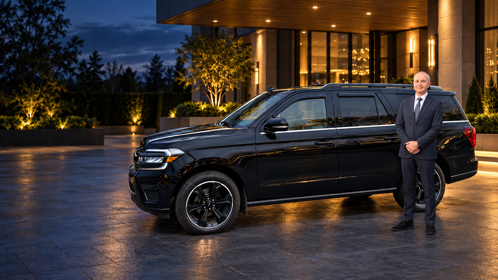 Votre chauffeur devant le Ford Expedition MAX à l’entrée d’un hôtel