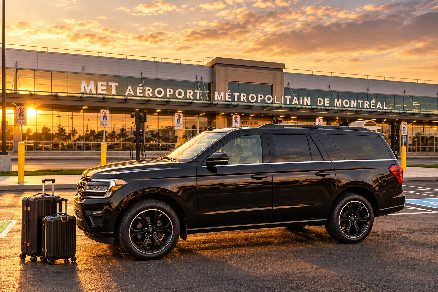Transfert aéroport : VUS noir et bagages devant le terminal