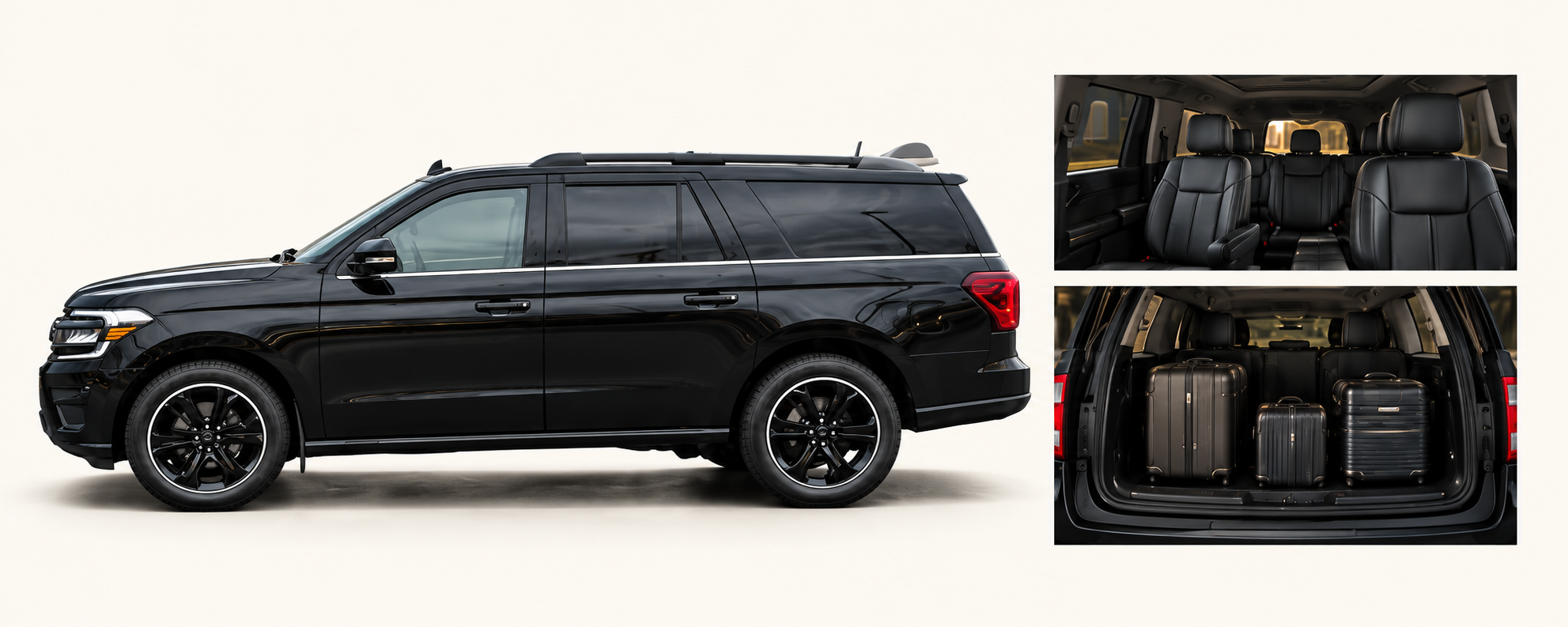 Ford Expedition MAX : vue extérieure, sièges et coffre ouvert avec les bagages